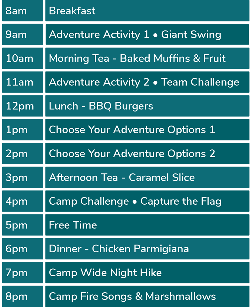 Example schedule of Ignite Camps program.